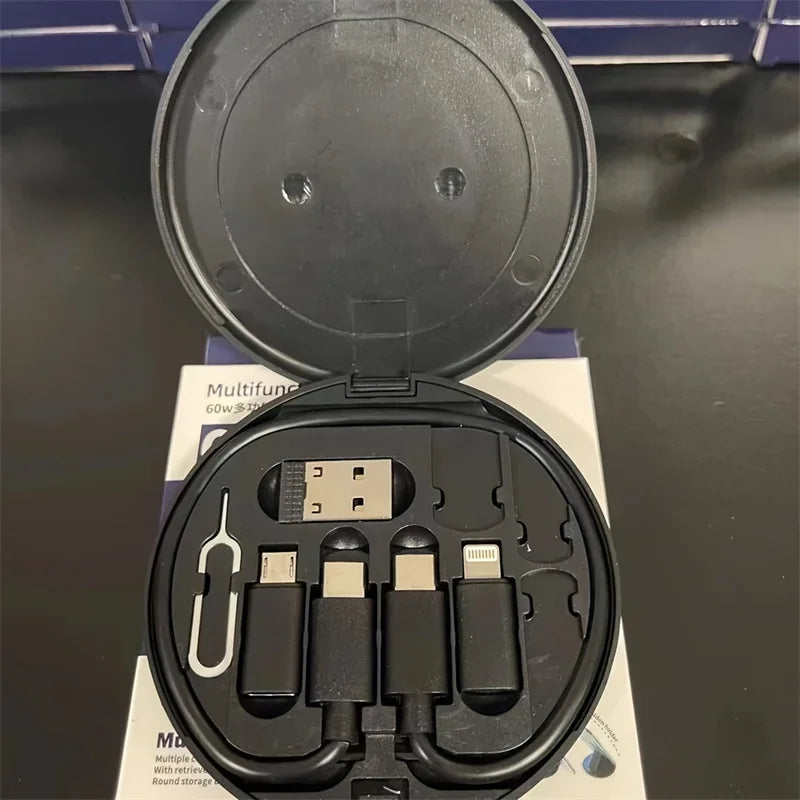 USB Type-C Flat Charger Cable Kit Cable Fast Charging for IPhone Xiaomi Charger Storage Box Adapter Card Pin Travel Storage Box