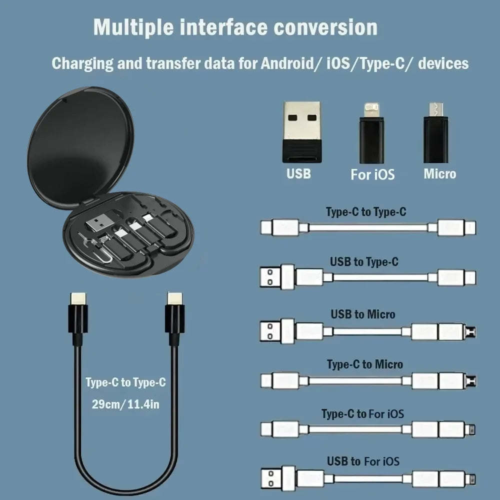 60W Multi Type-C To USB C To Micro USB To Lighting Fast Charging Phone Cable Kit for IPhone 16 15 14 Pro Data Cable Storage Box